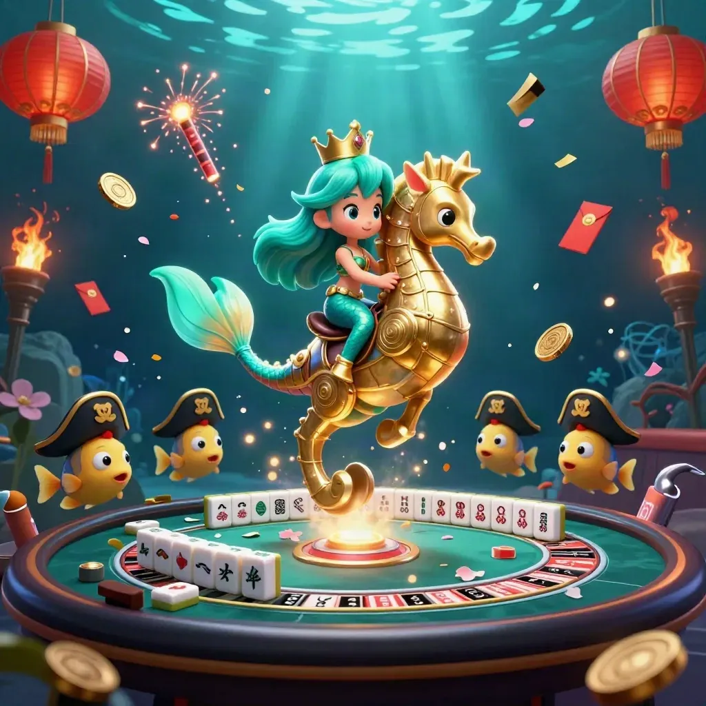 Mermaid princess rides a gold seahorse in a neon underwater casino with lanterns, coins, and a roulette wheel.