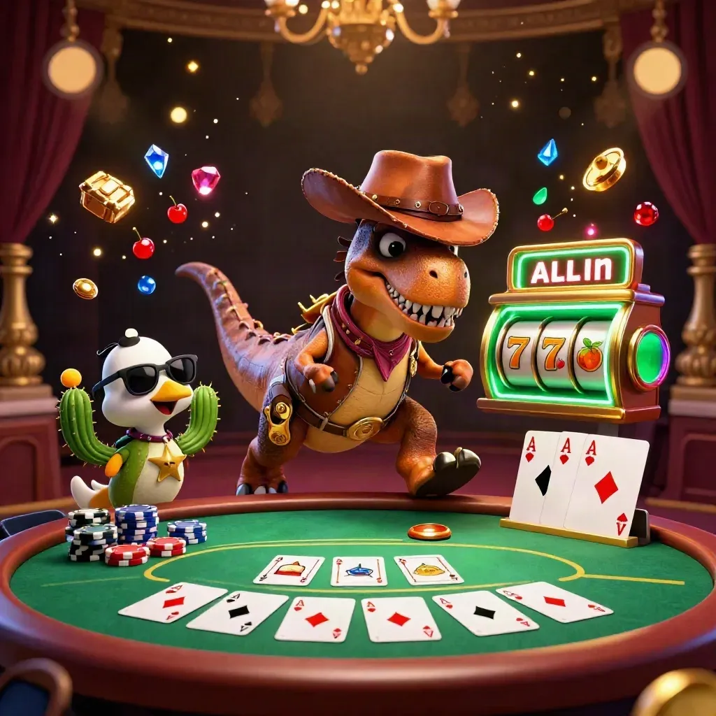 Cowboy T-Rex, cactus sidekick, and sheriff roadrunner burst through neon casino poker chaos.