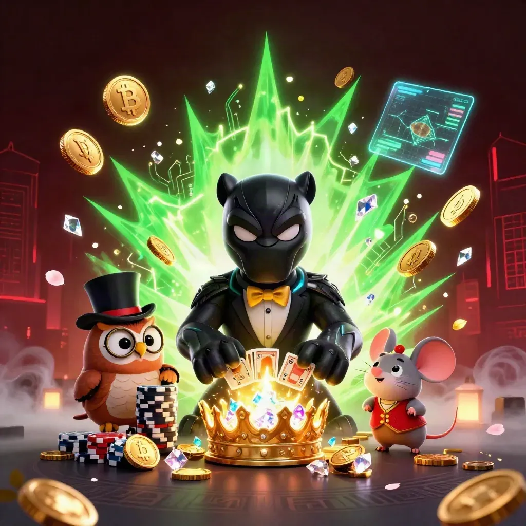 Panther dealer, owl and mouse around a glowing dragon crown with chips, coins and green lightning.