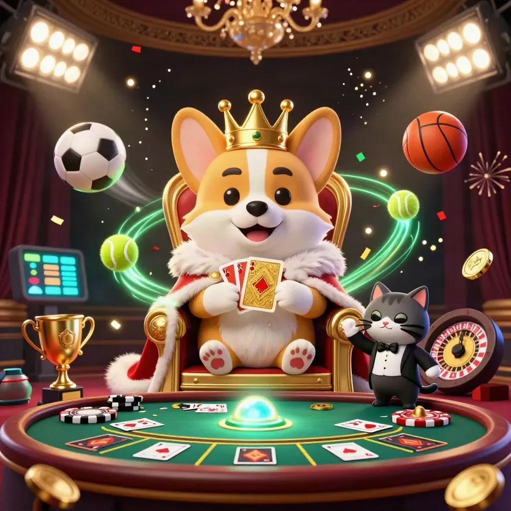 Royal corgi and cat butler in a luxe casino, with sports balls, trophy, and glowing effects.