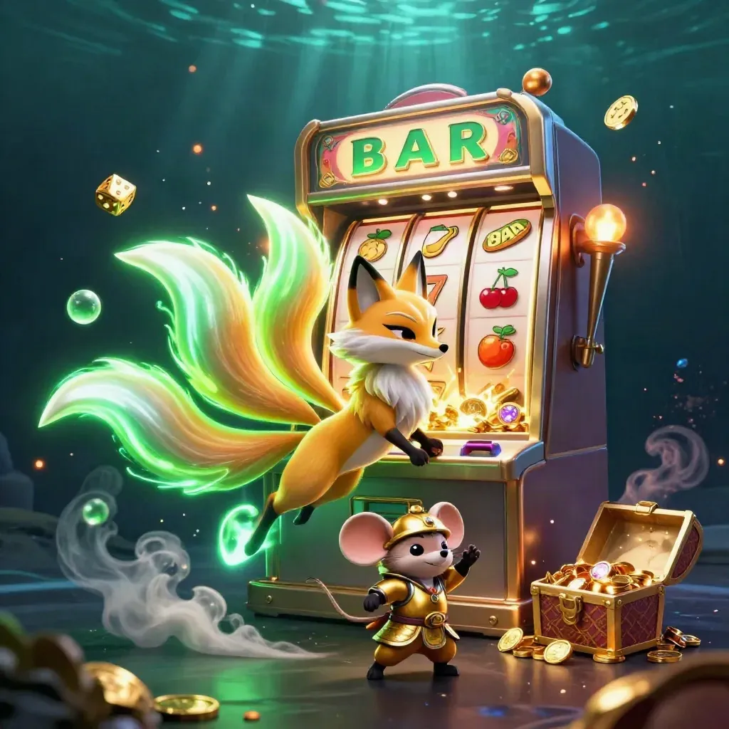 Fox spirit and samurai mouse amid a bursting slot machine, gold, gems, and neon glow.