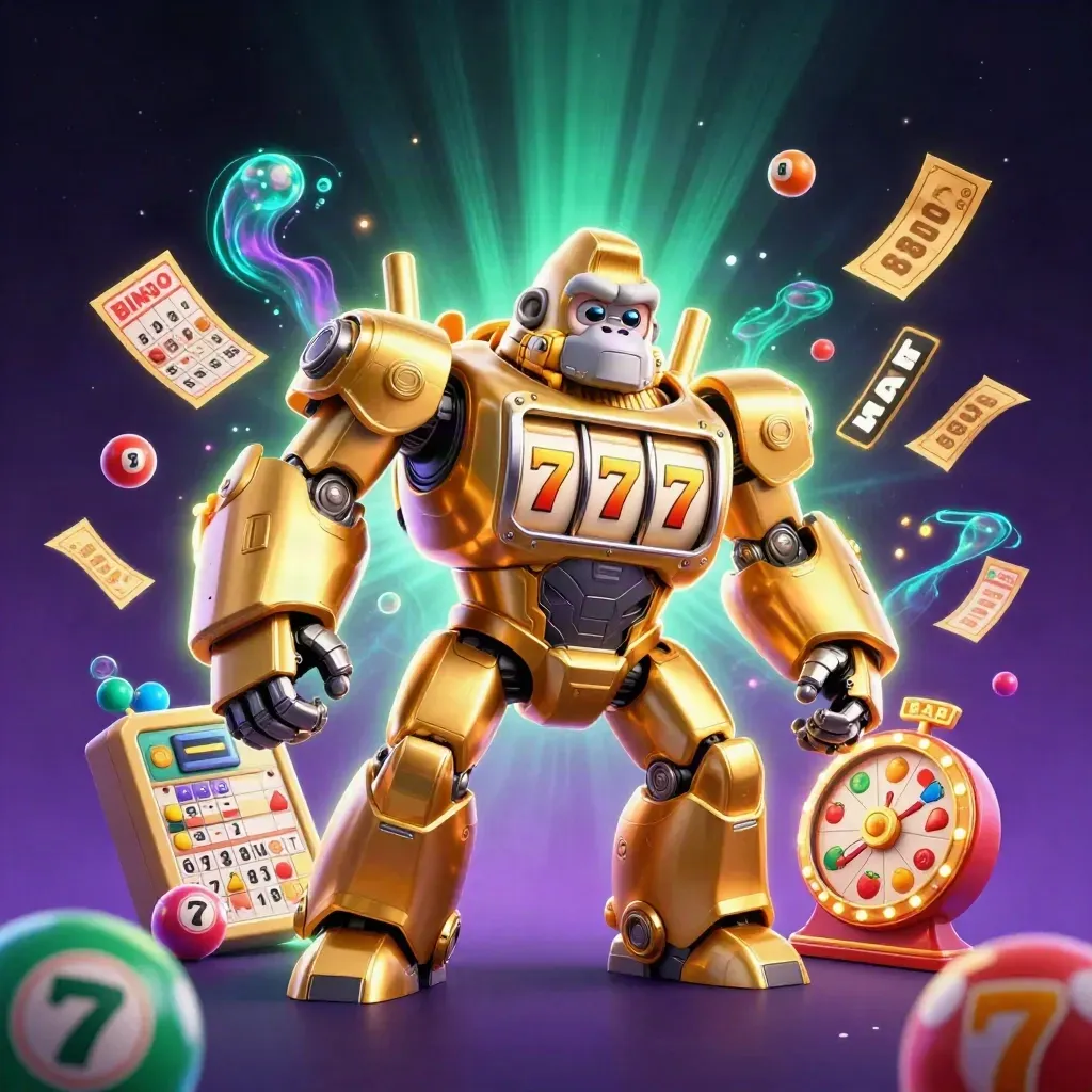 Golden gorilla mech with monkey pilot amid casino bursts, neon green glow, luxe dark background.