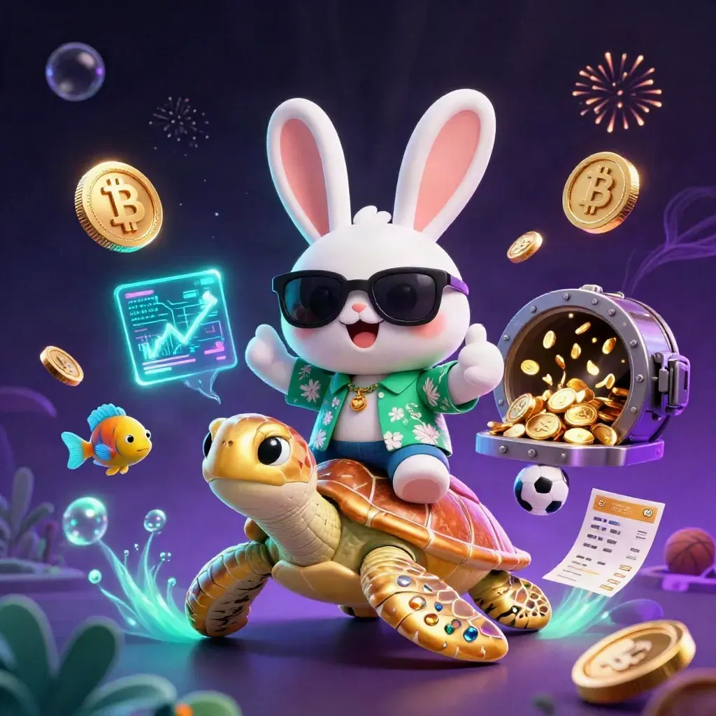 Lucky rabbit rides a jeweled sea turtle amid coins, fireworks, crypto symbols, and sports bets.
