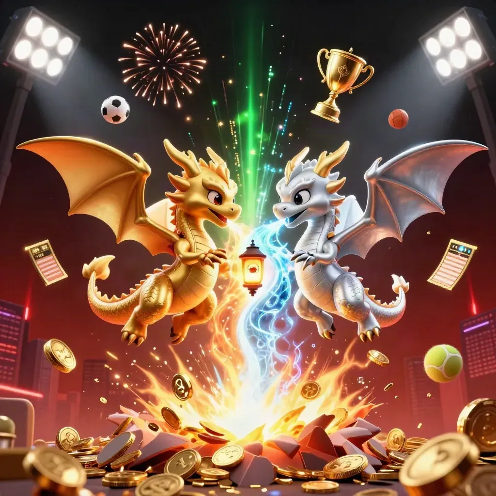 Twin dragons, coins, trophy, balls and fireworks burst from a vault in neon casino luxury.