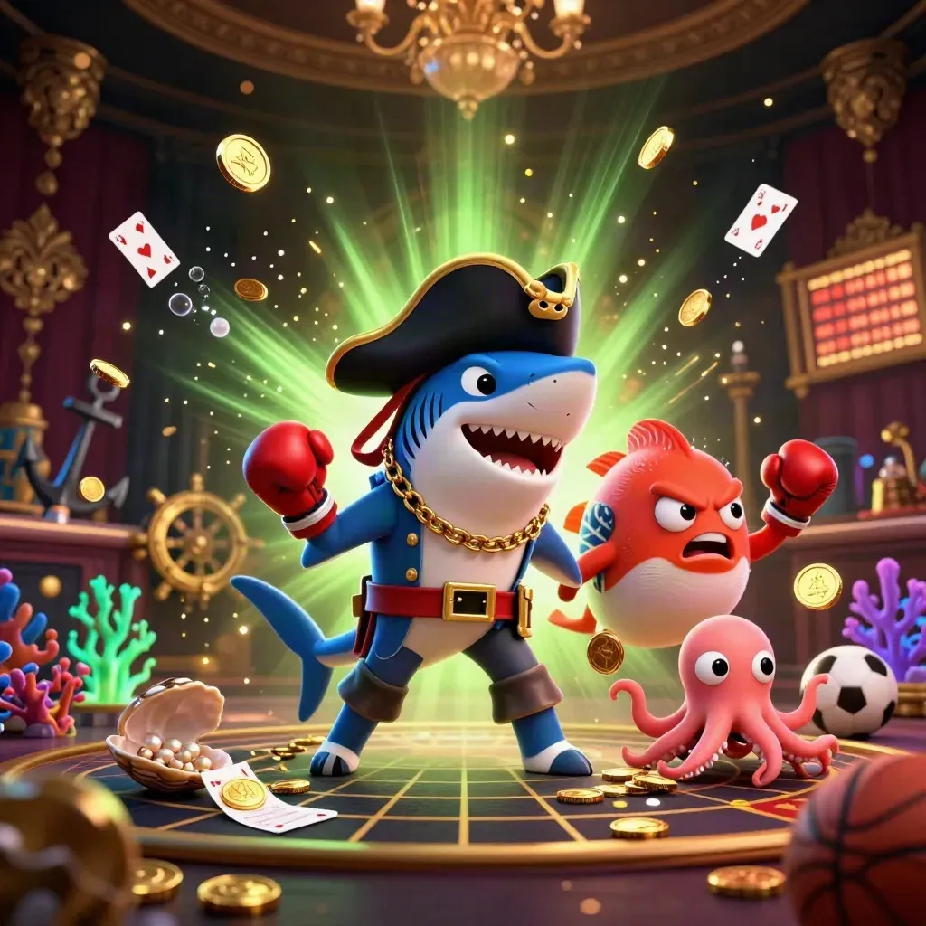 Pirate shark, boxing pufferfish, and juggling octopus in a coin blast with treasure and fireworks.