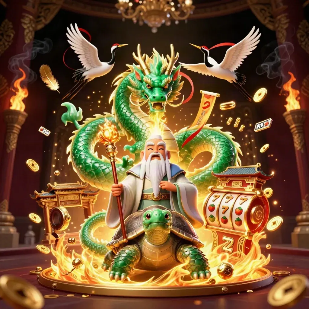 Emerald dragon, turtle sage and cranes amid gold fire, temple gate, reels and coins.