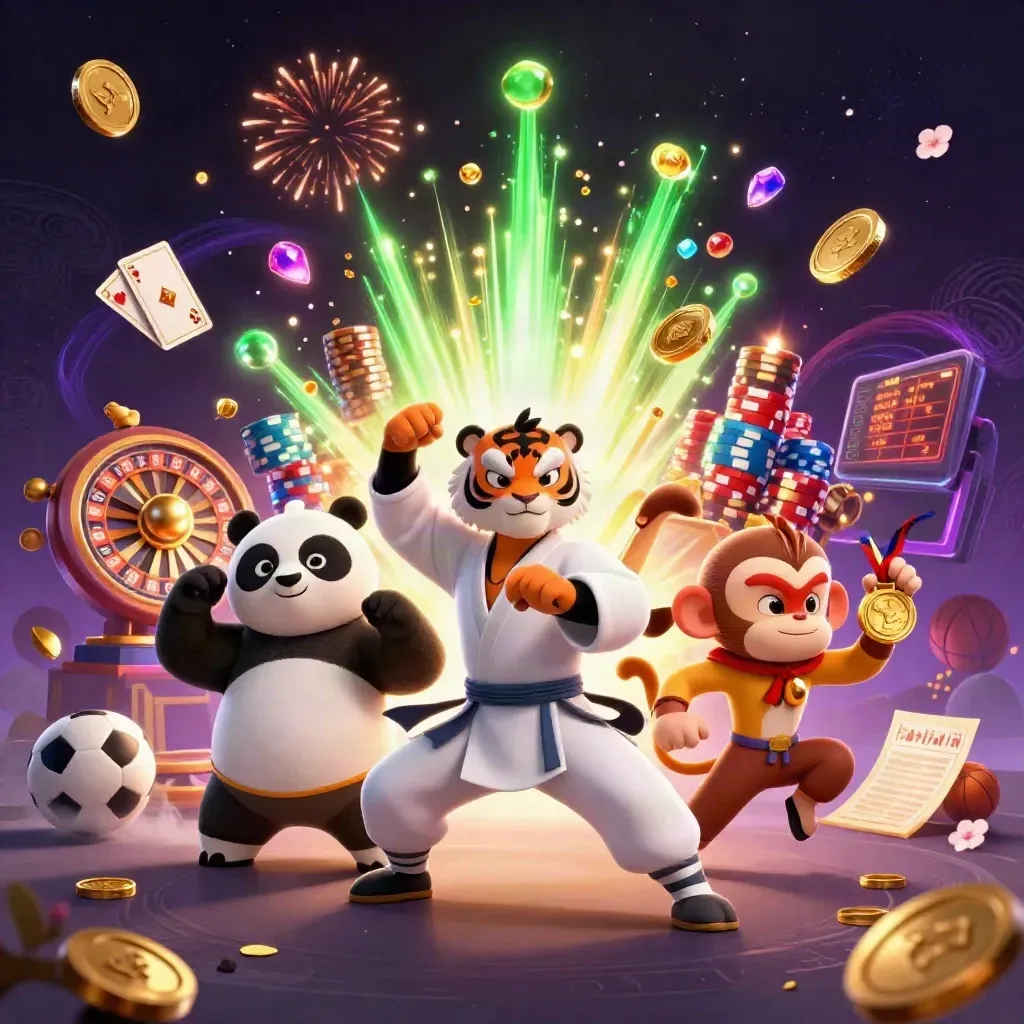 Tiger, panda, and monkey amid exploding coins, roulette wheel, chips, and fireworks
