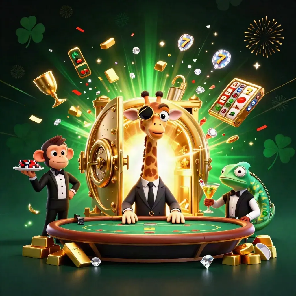 Giraffe, monkey, and chameleon casino heroes around a glowing gold vault and jackpot burst