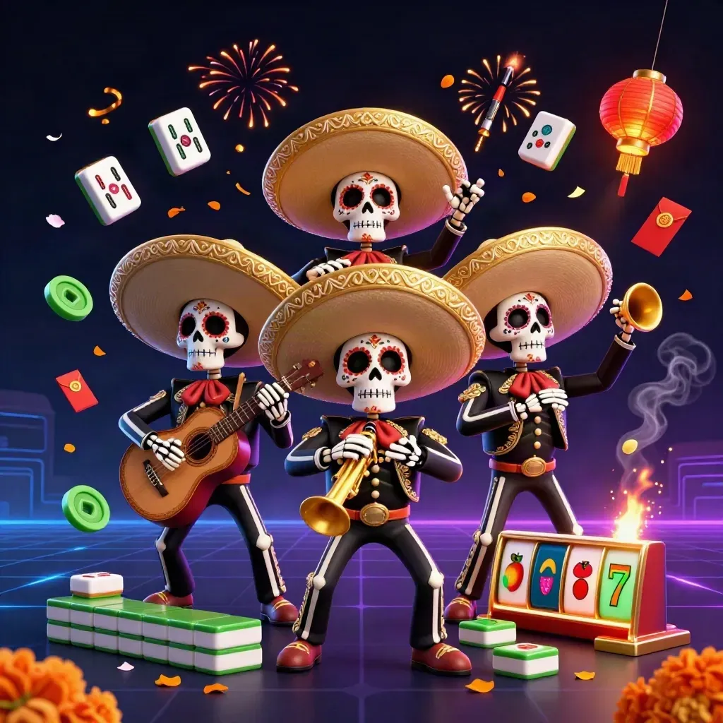 Skeleton mariachi trio amid casino symbols, lanterns, fireworks, and glowing neon effects.