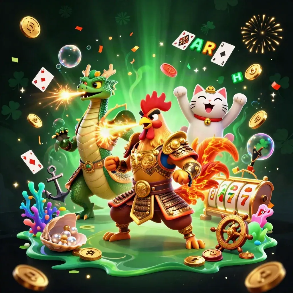 Rooster warrior, dragon hatchling, and fortune cat amid casino treasure sparks.