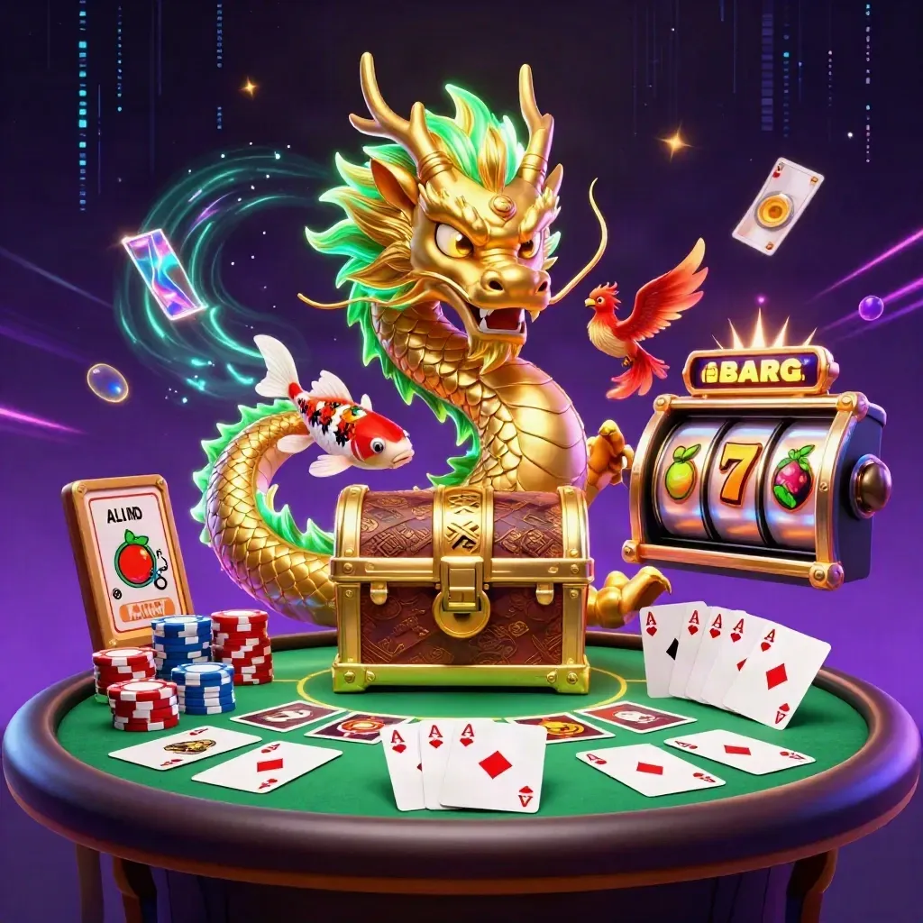 Golden dragon, phoenix, koi, poker chips, cards, reels, and neon casino effects in a dark luxe frame.