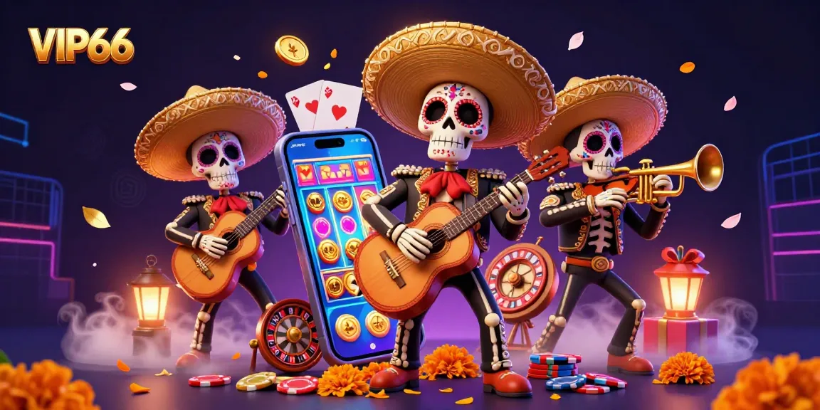 Experience VIP66’s vibrant casino atmosphere with a colorful Dia de los Muertos mariachi band amid dynamic slot elements.