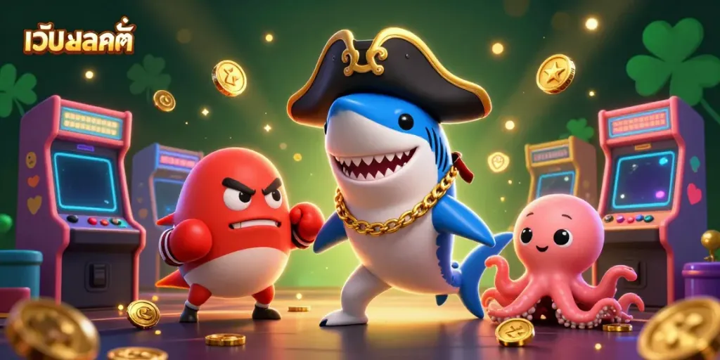 Engage with เว็บสล็อตแท้ through an exciting 3D pirate-themed casino illustration featuring vibrant game elements.