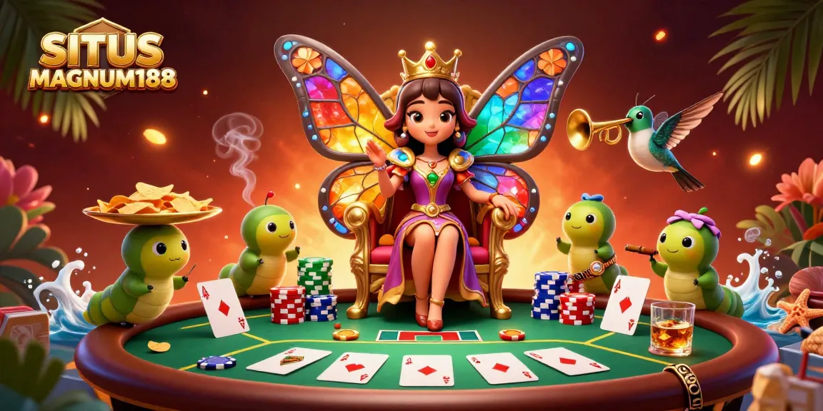 Engage with the captivating action at SITUS MAGNUM188 featuring vibrant poker elements and a whimsical character scene.