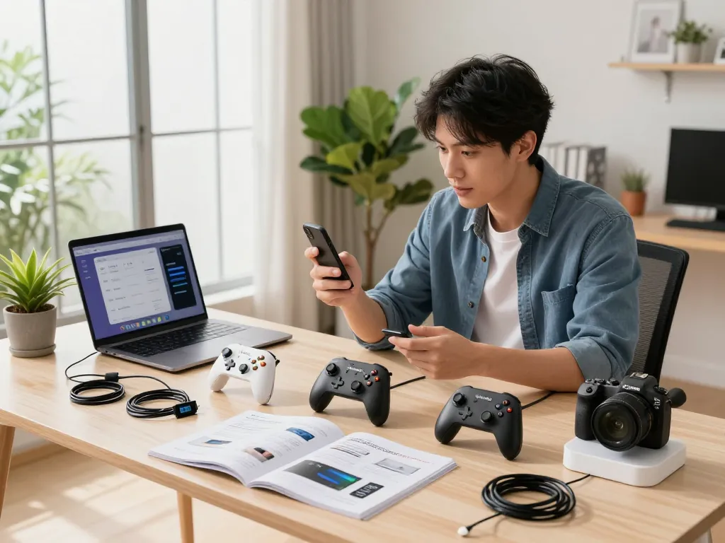 Exploring top 10 tech gadgets 2036 in a vibrant modern home office with innovative Bluetooth devices.