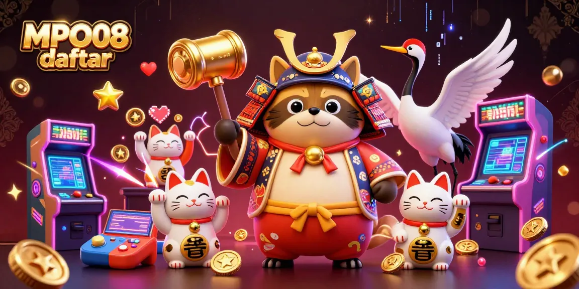 MPO08 daftar showcases a vibrant 3D illustration with a cheerful tanuki in a festival outfit, emphasizing casino gaming culture.