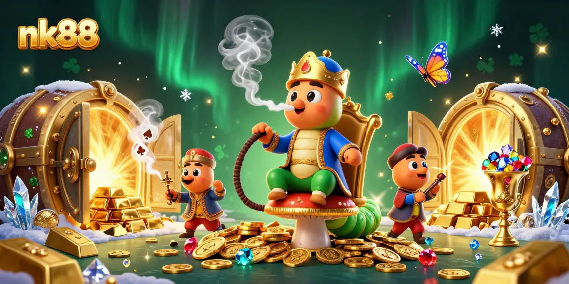 Experience thrilling gaming at nk88, with a vibrant 3D casino illustration showcasing playful characters and gold treasures.