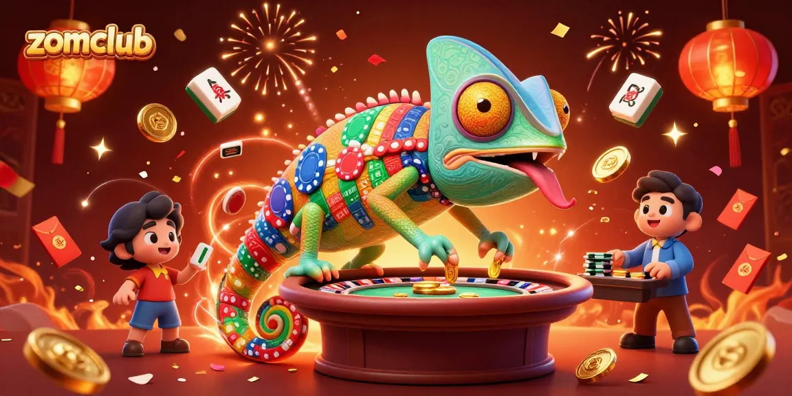 Zomclub offers thrilling casino gaming with a vibrant chameleon character surrounded by mahjong tiles and festive decorations.