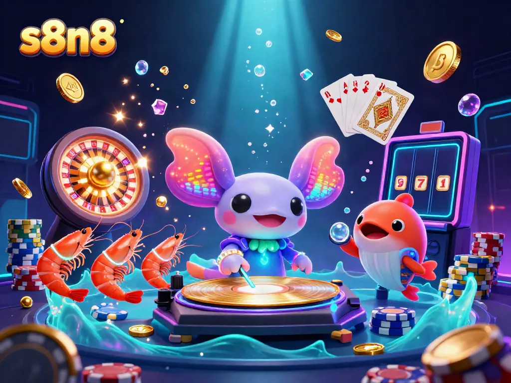 Engaging scene with s8n8 casino characters including a DJ axolotl and glow-stick shrimp amidst vibrant gaming elements.