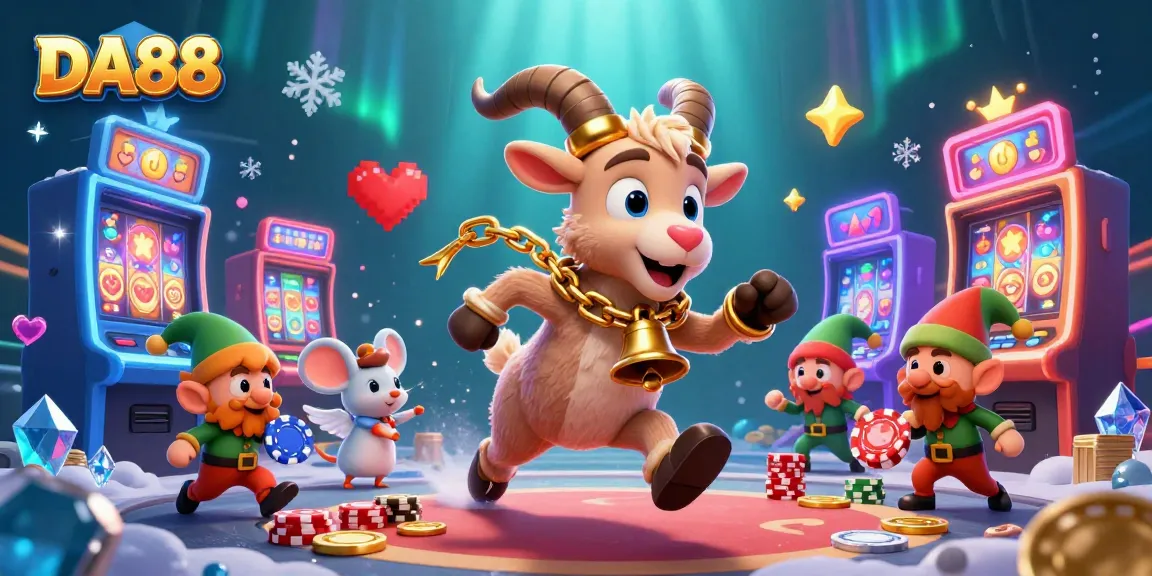 Experience the excitement at DA88 casino with festive characters playing and winning amidst vibrant elements.