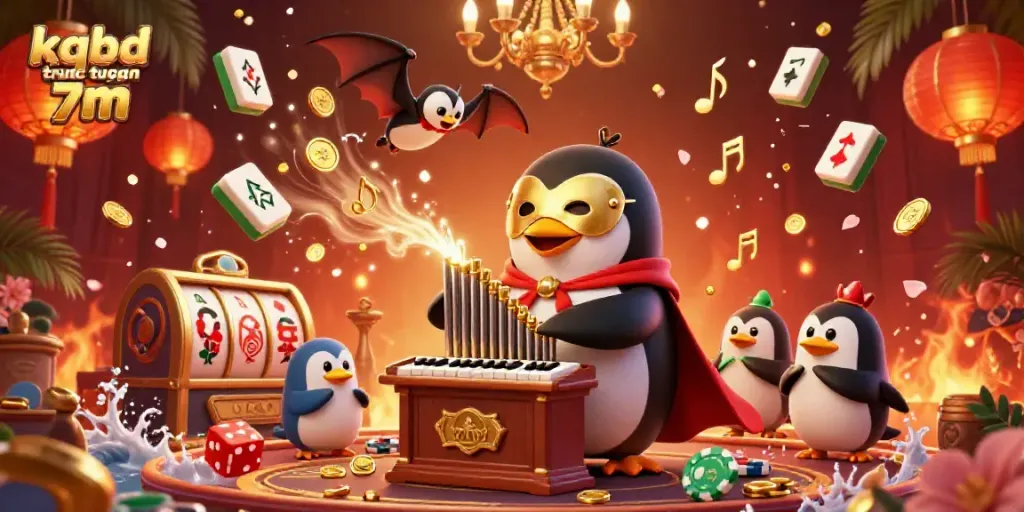 Engage with kqbd truc tuyen 7m as a penguin plays lively casino music amidst vibrant casino elements.