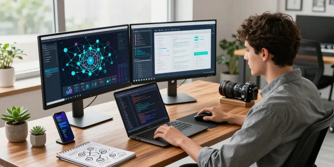 快连 network accelerator showcased in a modern workspace with dual monitors and vibrant code.