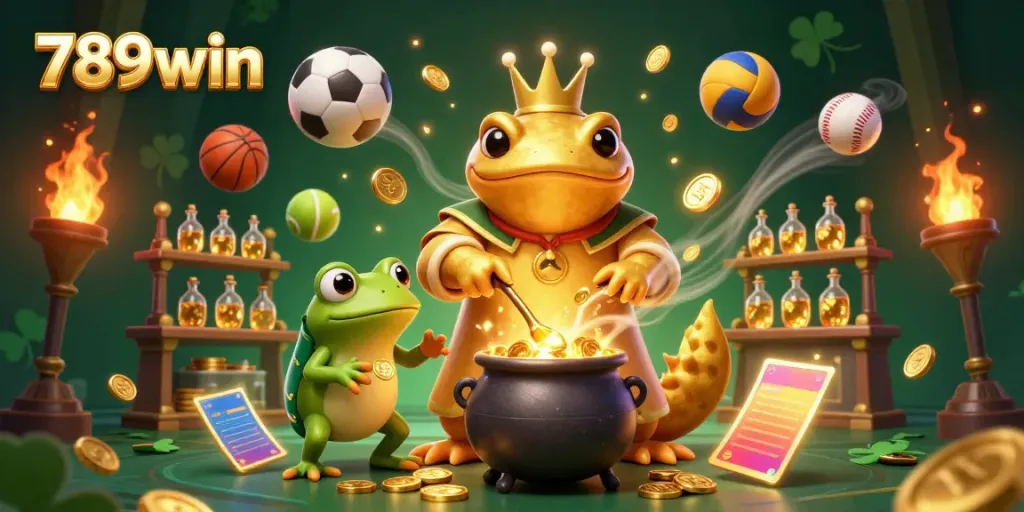 Experience the excitement of 789win with a magical illustration featuring vibrant golden figures and dynamic sports elements.