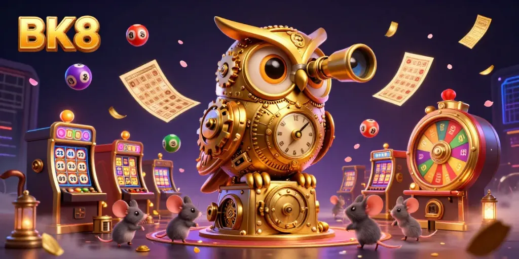 Experience the thrill of BK8 with an illustrated golden owl overseeing a dynamic casino scene filled with games and excitement.