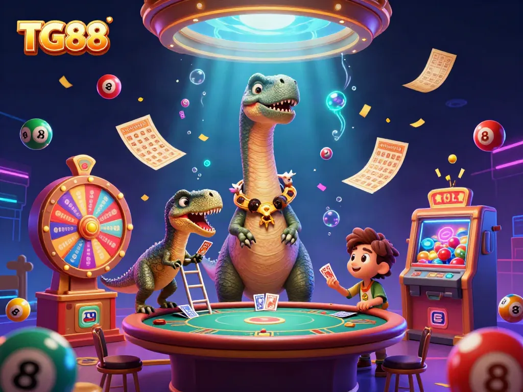 Engage with TG88's vibrant casino world featuring a giant brontosaurus and dynamic lottery elements.