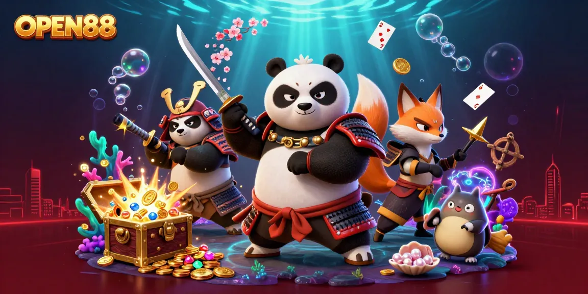 Experience the excitement of OPEN88 with engaging casino action represented by a fierce panda and vibrant visuals.