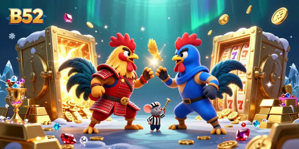 B52 showcases a thrilling standoff with fighting roosters among gold-filled treasures and slot symbols.