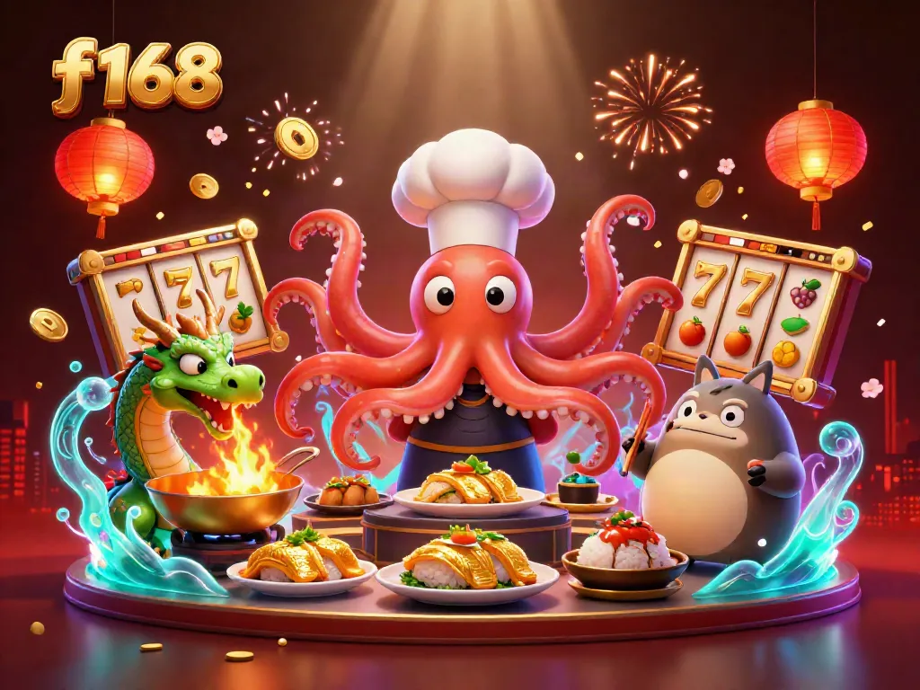 Join the f168 online casino experience with an energetic scene of a sushi chef octopus, fiery dragon, and tanuki amidst slot machines and festive decorations.