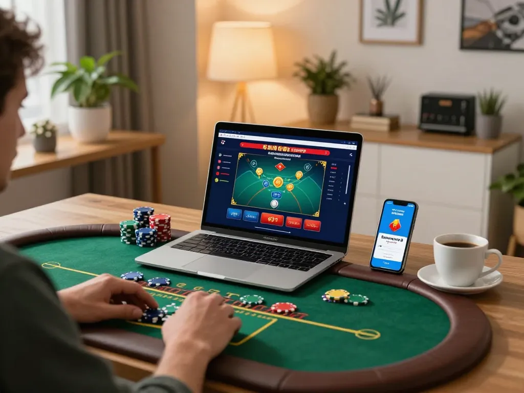 Engaging scene of a user playing gamebaidoithuong8 online blackjack on a laptop, highlighting casual yet strategic gaming.
