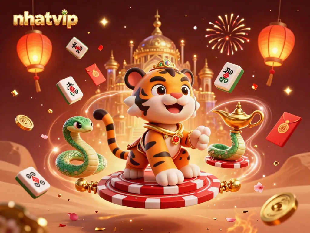 Experience thrilling gameplay with Nhatvip's vibrant 3D casino scene featuring games and festive elements.
