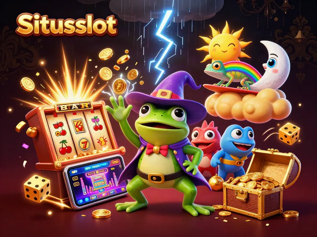 Spin and win with situsslot as a wizard frog conjures gold coins amidst vibrant casino elements.