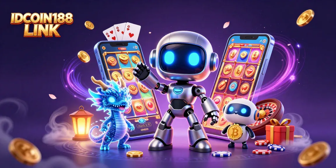 Engage with IDCOIN188 LINK in a vibrant 3D casino scene featuring a cyberpunk robot mascot and gaming elements.