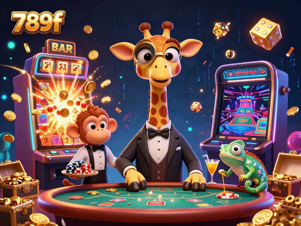 Experience the thrill of gaming with 789f, featuring lively characters at a poker table amidst dazzling casino elements.