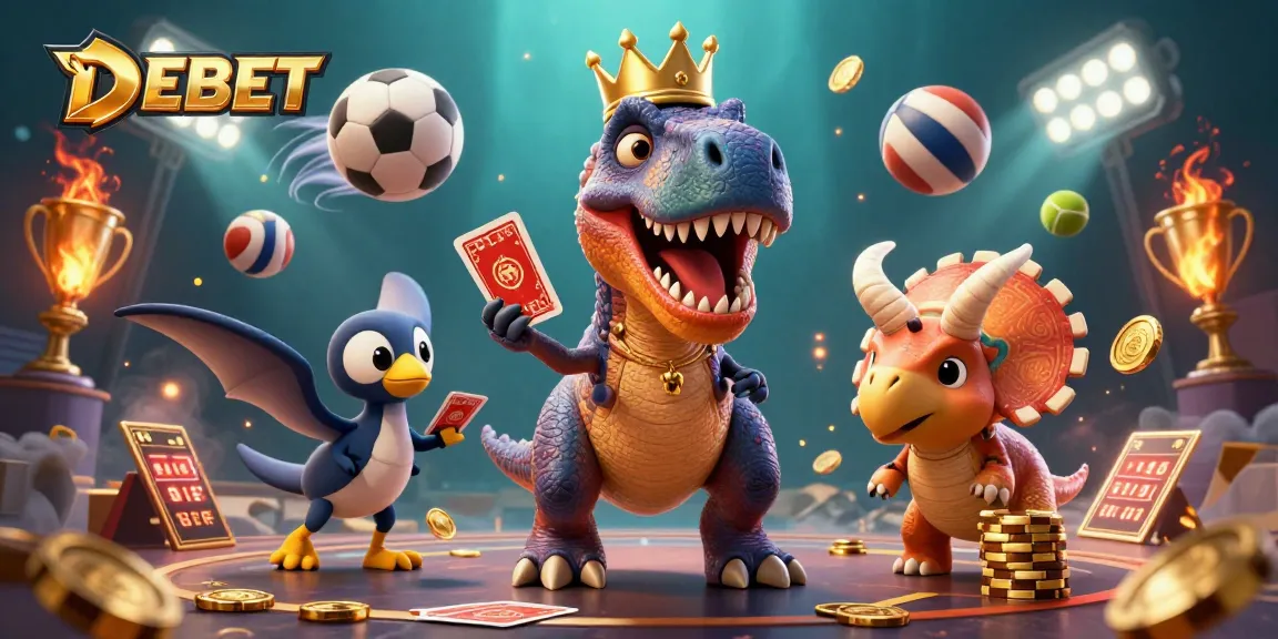 Win big with DEBET, featuring a T-Rex shuffling cards and a triceratops stacking chips in colorful casino action