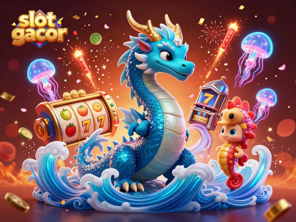 Engage with slot gacor features as a 3D azure water dragon and seahorse knight embody dynamic casino excitement.