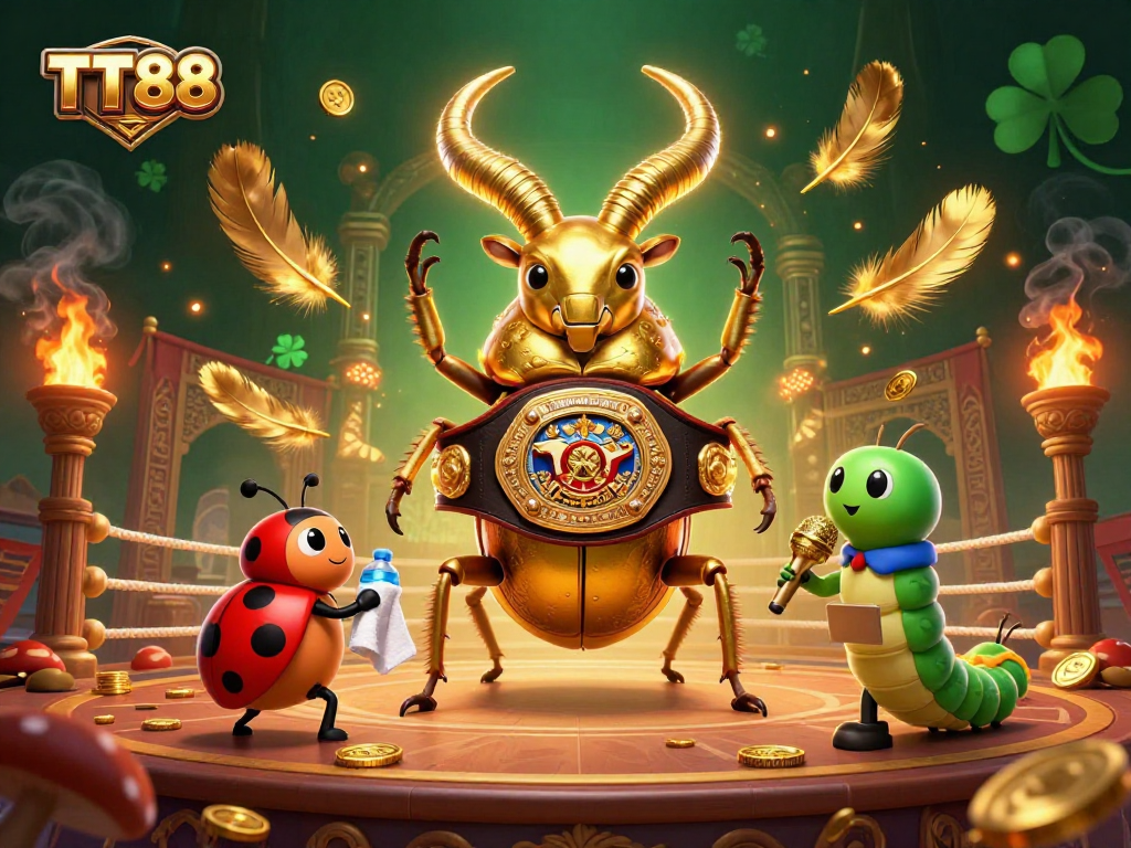 Experience TT88's thrilling gaming with a golden stag beetle and colorful characters in action.
