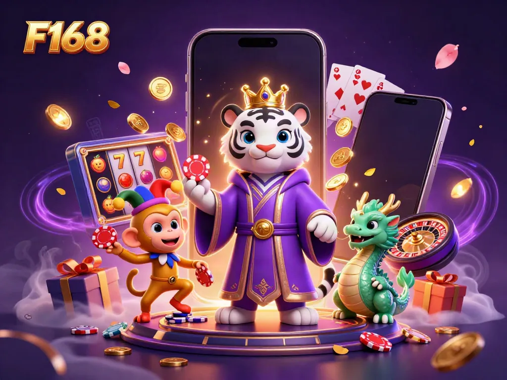 Experience the thrill of F168 with vibrant characters in a dynamic casino scene filled with games and luck.
