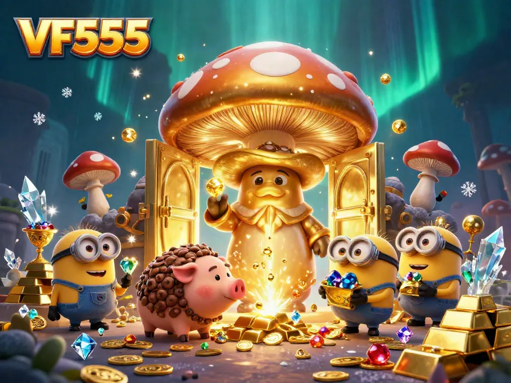 Experience the magic of VF555 in an enchanting casino setting with golden treasures and whimsical characters.