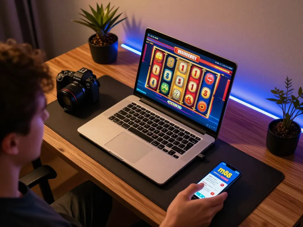 ผู้เล่นกำลังเล่นแอปมือถือ m88 ทางเข้า และสล็อตออนไลน์ในบรรยากาศการเล่นเกมที่อบอุ่น