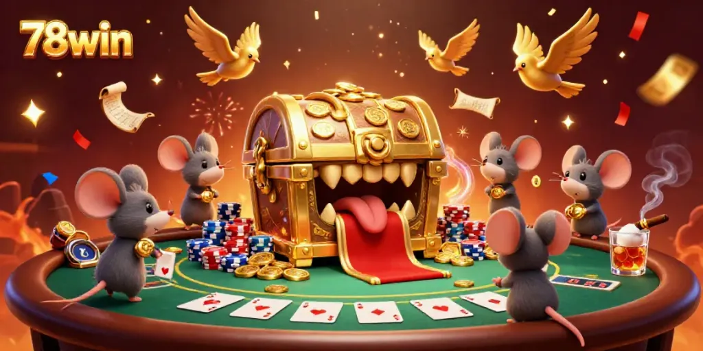 Experience the thrill of 78win with a dynamic casino scene showcasing golden treasures and poker elements.