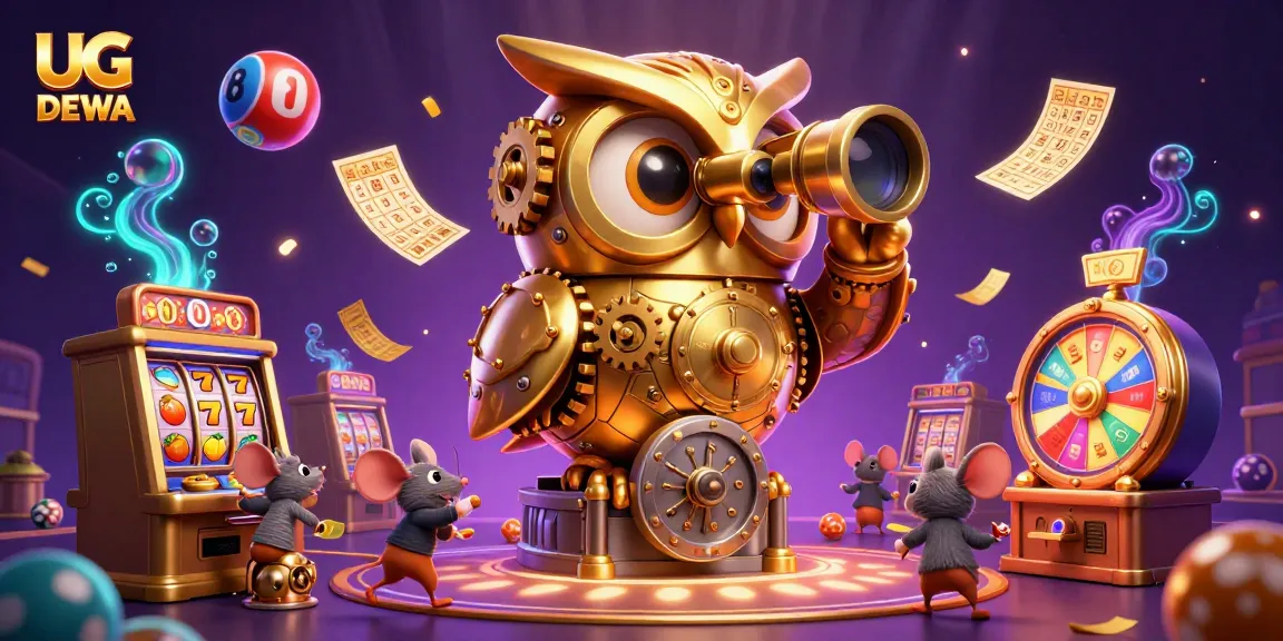 Engage with UG DEWA as a 3D clockwork owl oversees vibrant slot games and lottery balls.