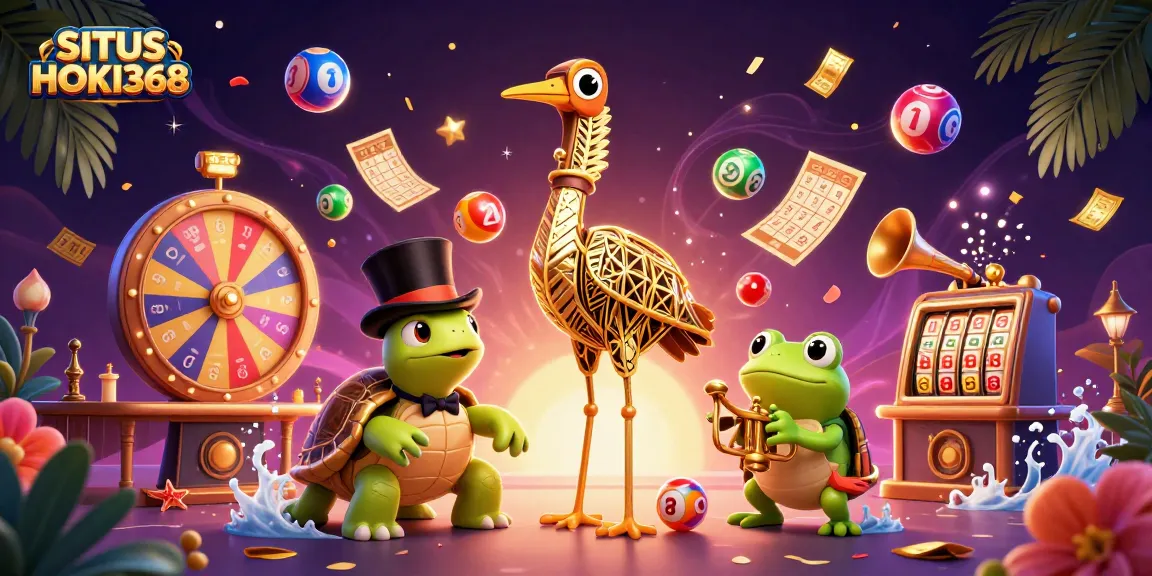 SITUS HOKI368 showcases a lively casino scene with cartoon characters and dynamic game elements, promoting excitement.