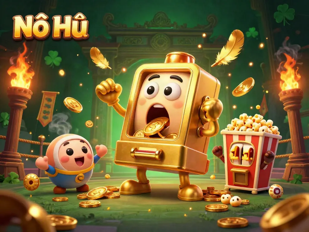 Nổ Hũ slot machine hits jackpot with coins pouring out, lively atmosphere in a vibrant casino setting.