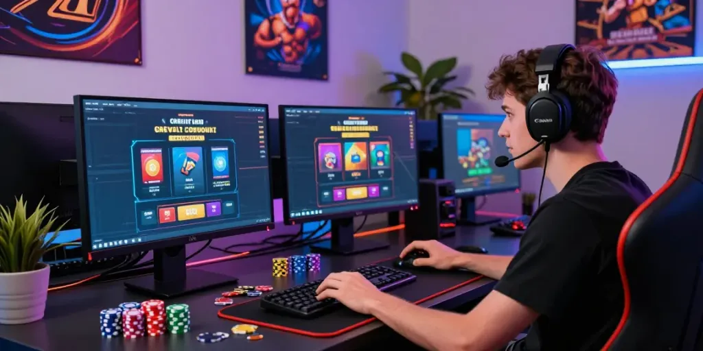 Engaged player at a vibrant online casino showcasing mastercard casinos on dual monitors with gaming tokens and ambient LED lighting.