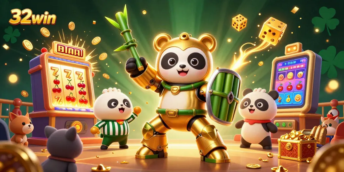 Explore thrilling gaming action at 32win with golden panda in mech-suit amidst a vibrant casino