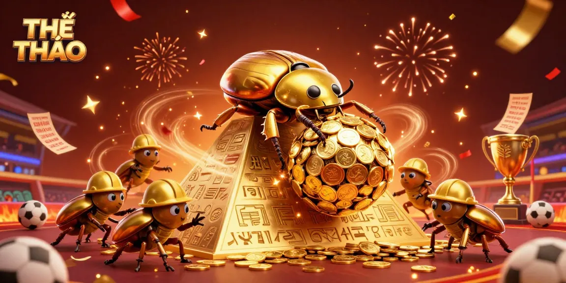 Experience THỂ THAO excitement with a colorful 3D sports betting scene featuring cartoon beetles and a trophy.